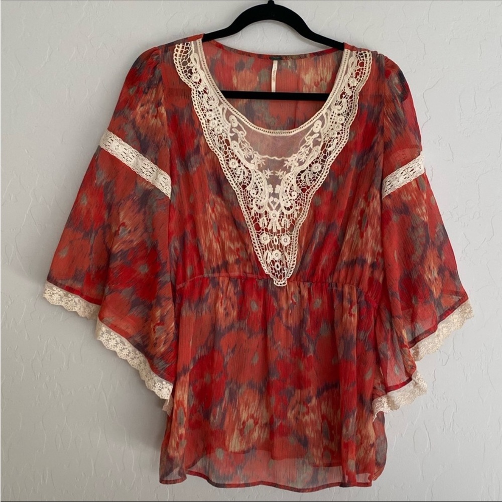 Free People Daydreamer Peasant Dolman Sleeve Blouse Embroidered Lace Boho Size L